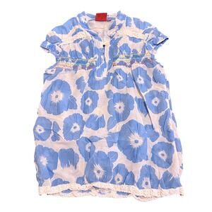 Oilily Floral‎ Smocked Top Blue White Poppy Rainbow Embroidery Crochet Lace 34